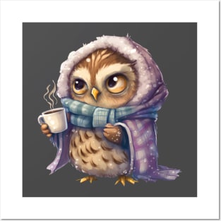 Chibi Owl Drinking Hot Chocolate cute christmas snow design series 2 Posters and Art